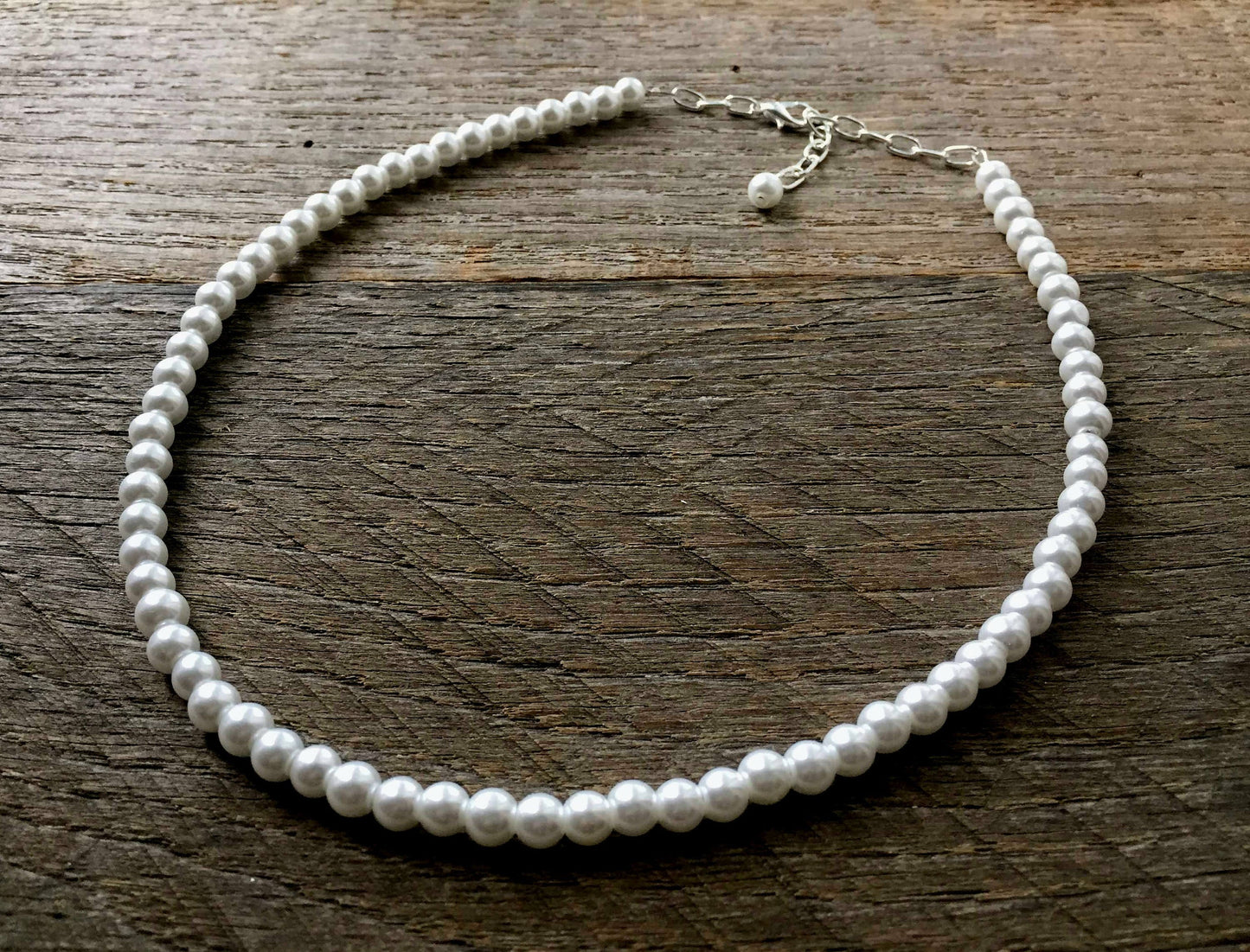 Men's Pearl Necklace, 6mm White Pearl Choker with Adjustable 2" Extender Chain