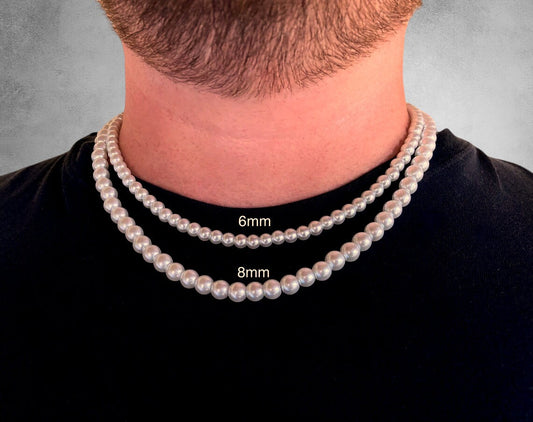 Men's Pearl Necklace, 6mm White Pearl Choker with Adjustable 2" Extender Chain