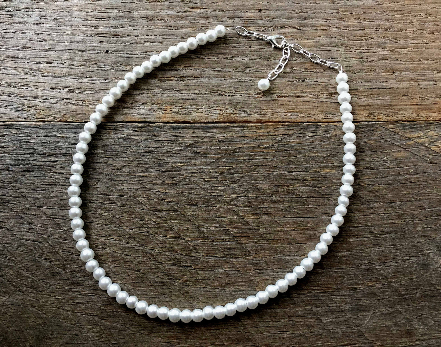 Men's Pearl Necklace, 6mm White Pearl Choker with Adjustable 2" Extender Chain
