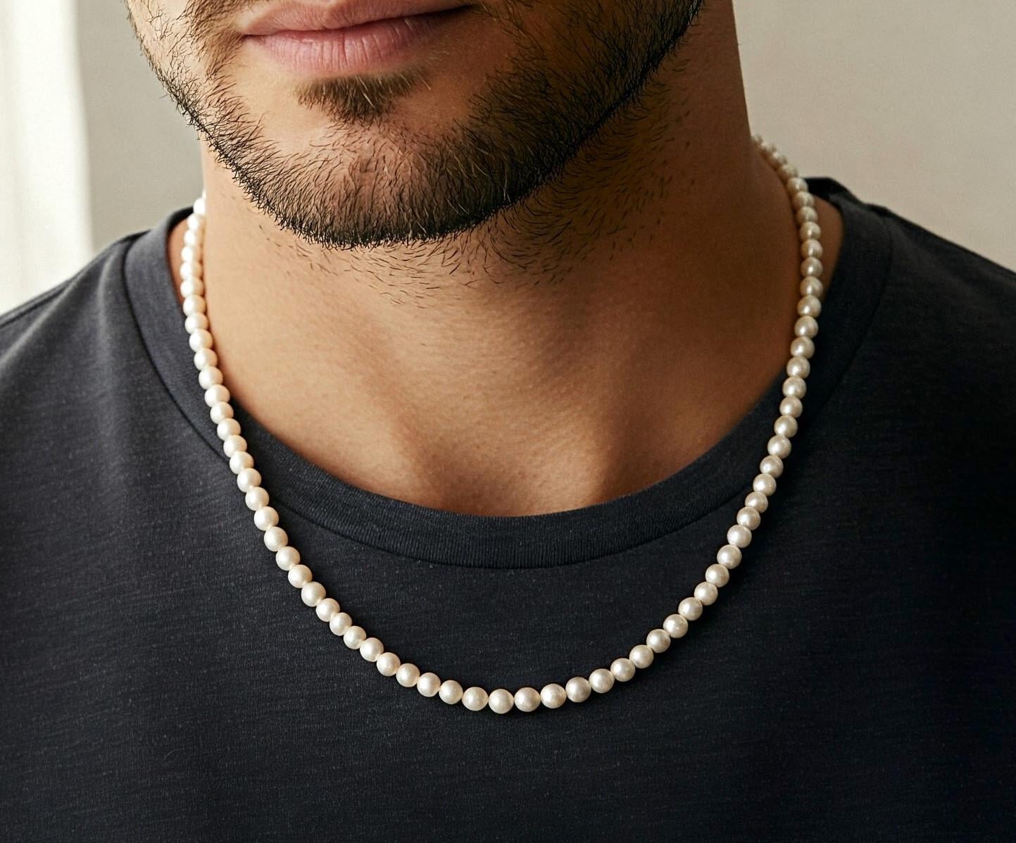 Pearl Necklace for Men, 8mm or 6mm Pearls, Adjustable with 2" Extender Chain, Multiple Sizes and Lengths Available